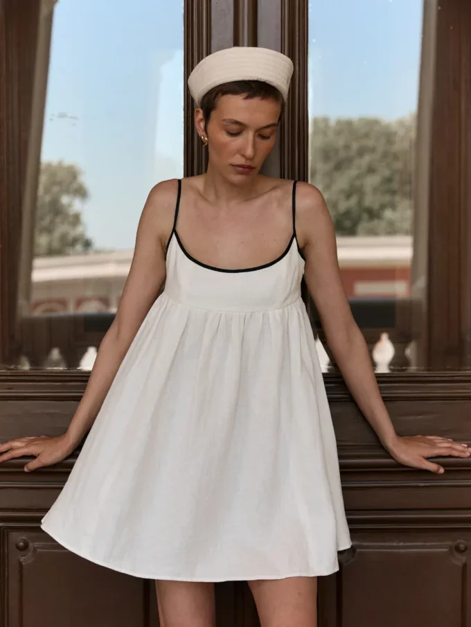 Сукня Bazhane міні трапеція з чорною окантовкою молочний льон