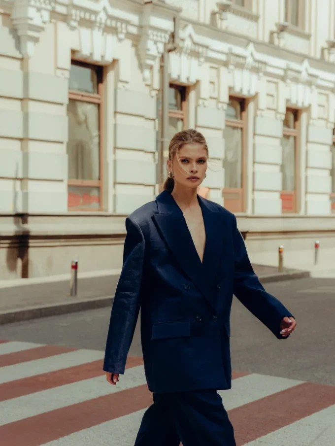 Жакет Bazhane двобортний оверсайз з підплічниками синій льон