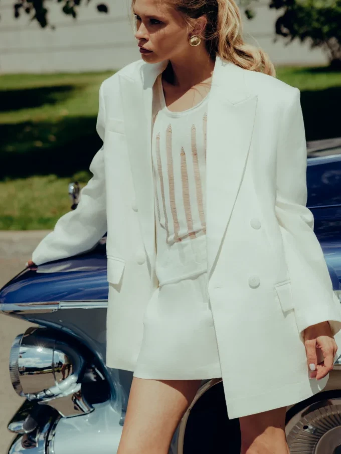 Жакет Bazhane двобортний оверсайз з підплічниками молочний льон