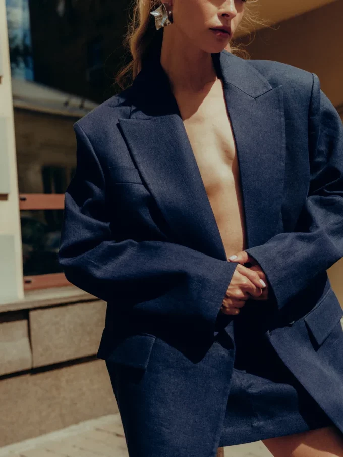 Жакет Bazhane двобортний оверсайз з підплічниками синій льон