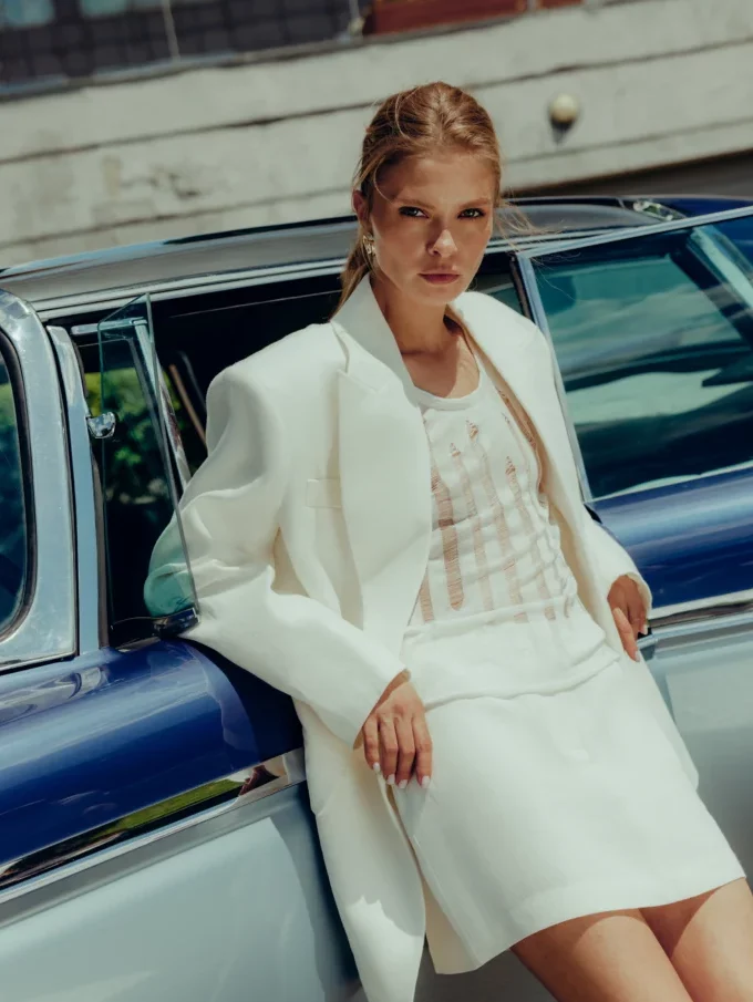 Жакет Bazhane двобортний оверсайз з підплічниками молочний льон