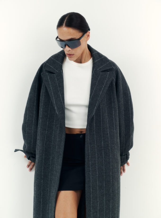 Пальто Bazhane зі спущеним рукавом максі сірий у смужку