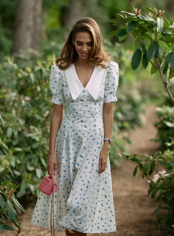 Сукня MOHD міді біло-блакитна квіти