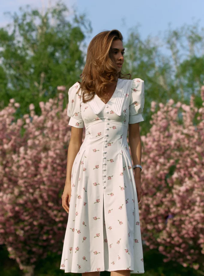 Сукня MOHD міді біло-бежева квіти