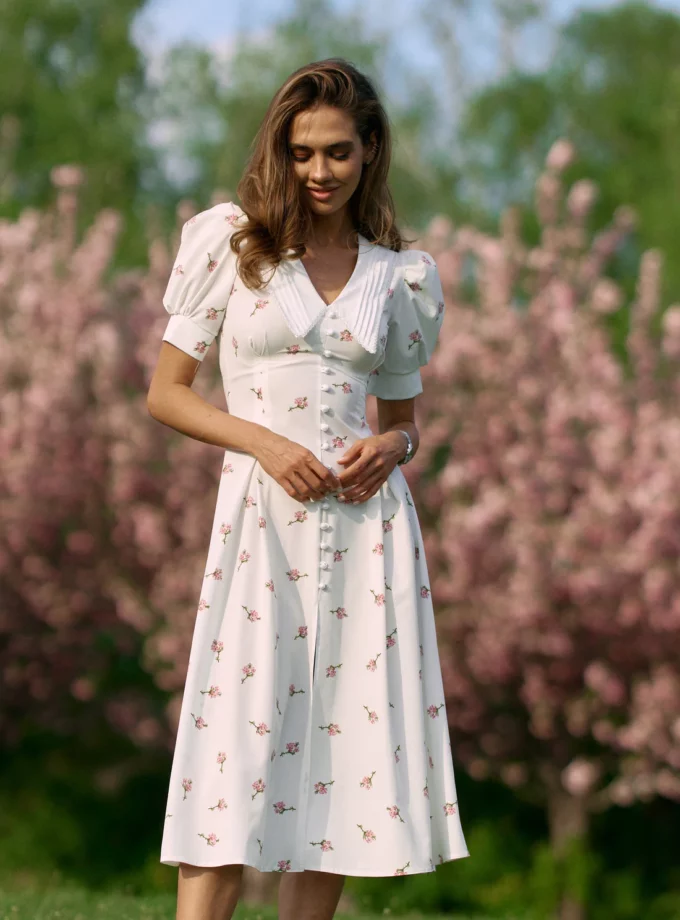 Сукня MOHD міді біло-бежева квіти