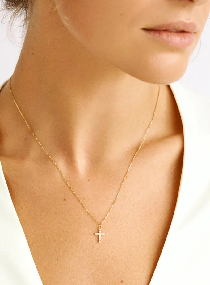 Хрестик 1,2 см з діамантами 1,25мм жовте золото KP 04-D