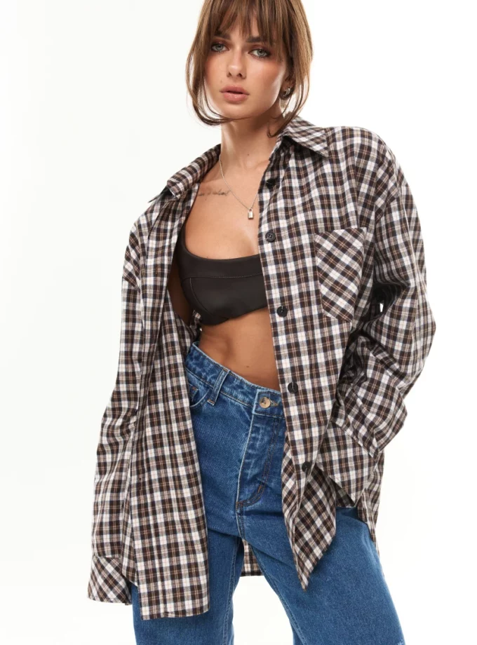 Сорочка Malina овер клітинка FW'25 шоко беж