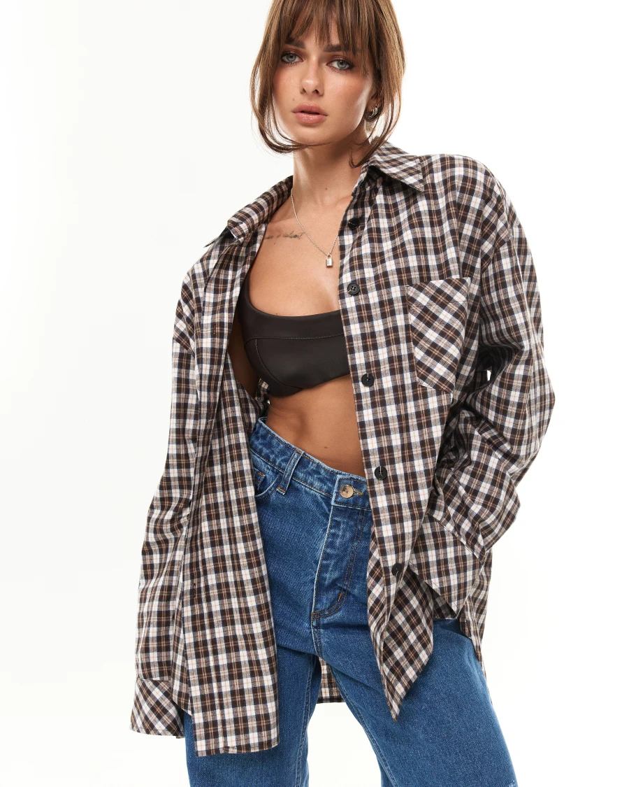 Сорочка Malina овер клітинка FW'25 шоко беж