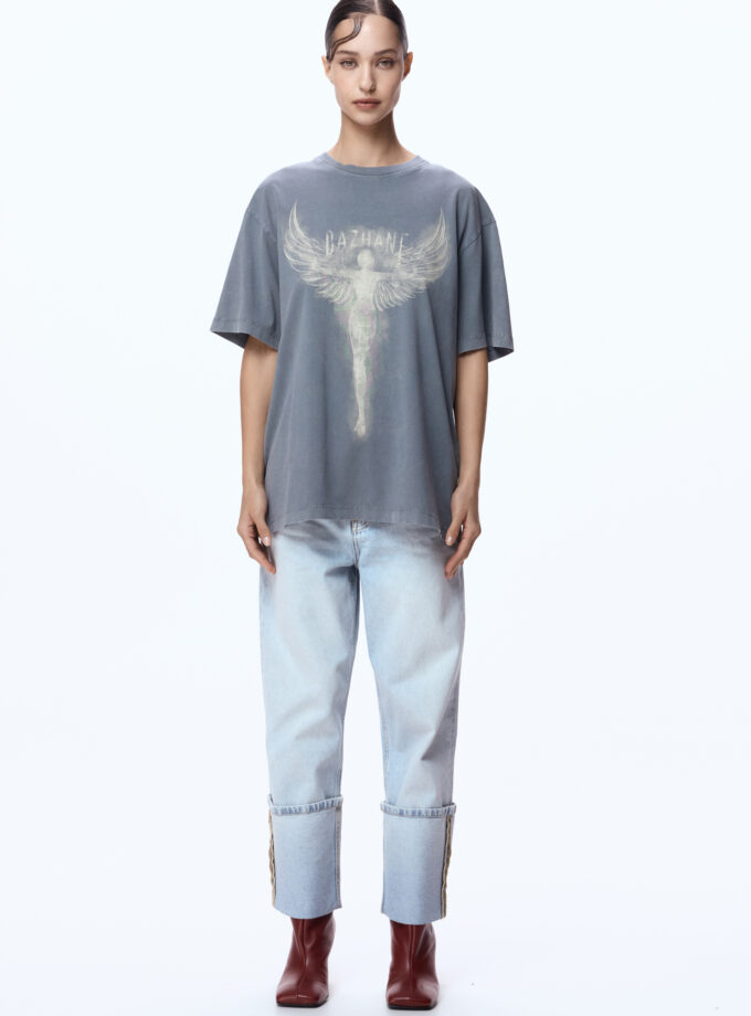 Футболка Bazhane оверсайз вінтаж з принтом Янгол сірий