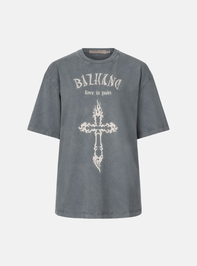 Футболка Bazhane оверсайз вінтаж з принтом Хрест сірий