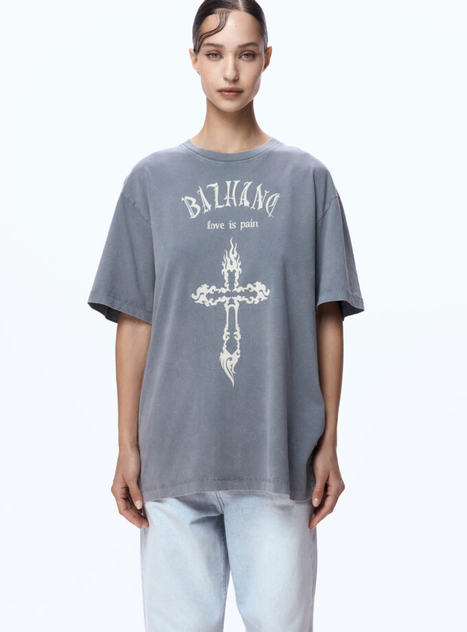 Футболка Bazhane оверсайз вінтаж з принтом Хрест сірий
