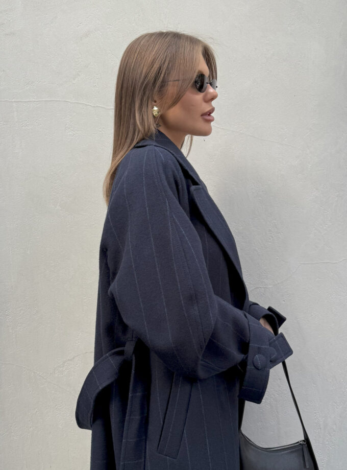 Пальто Bazhane зі спущеним рукавом максі з пряжкою синій в смужку