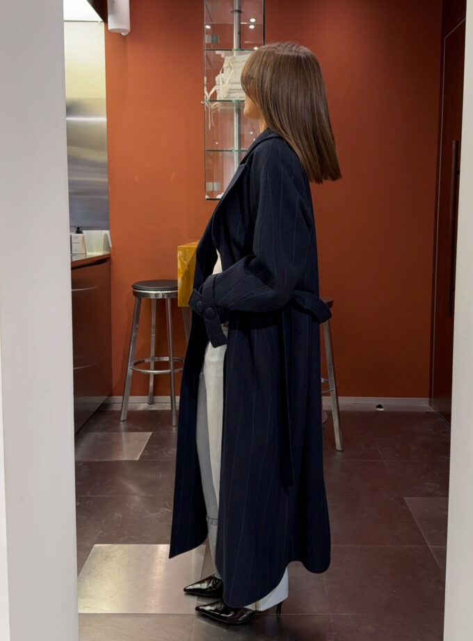 Пальто Bazhane зі спущеним рукавом максі з пряжкою синій в смужку