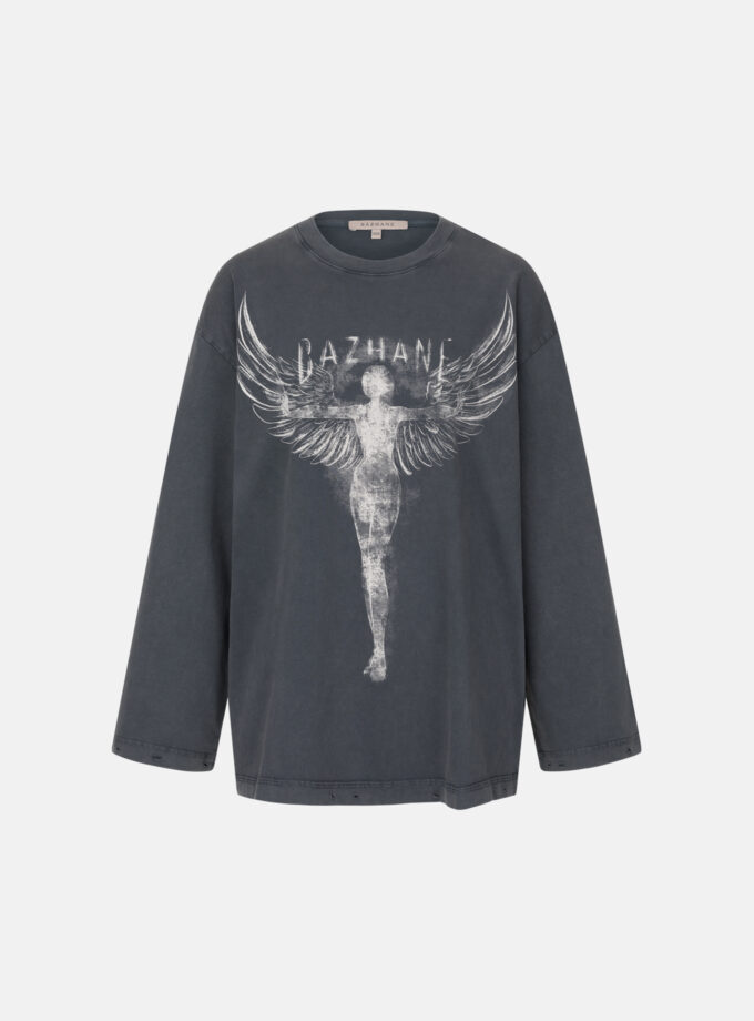 Лонгслів Bazhane оверсайз вінтаж з принтом "Янгол" графіт