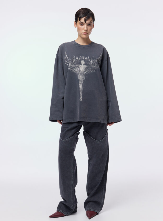 Лонгслів Bazhane оверсайз вінтаж з принтом "Янгол" графіт