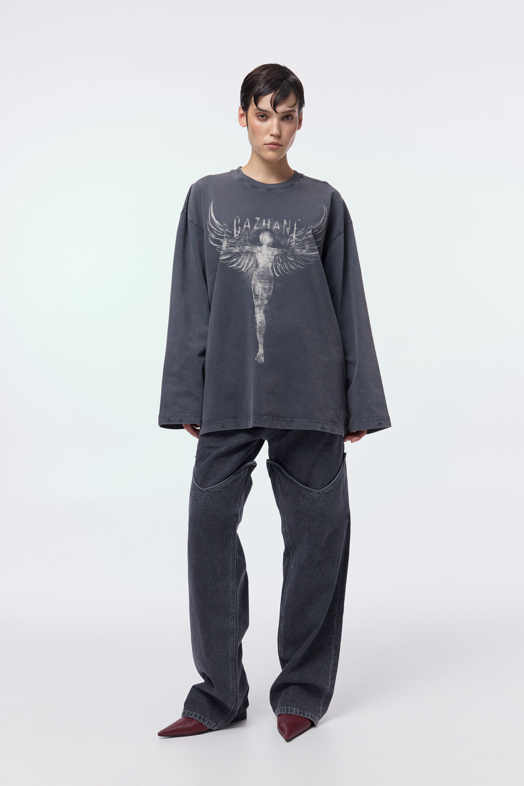 Лонгслів Bazhane оверсайз вінтаж з принтом "Янгол" графіт