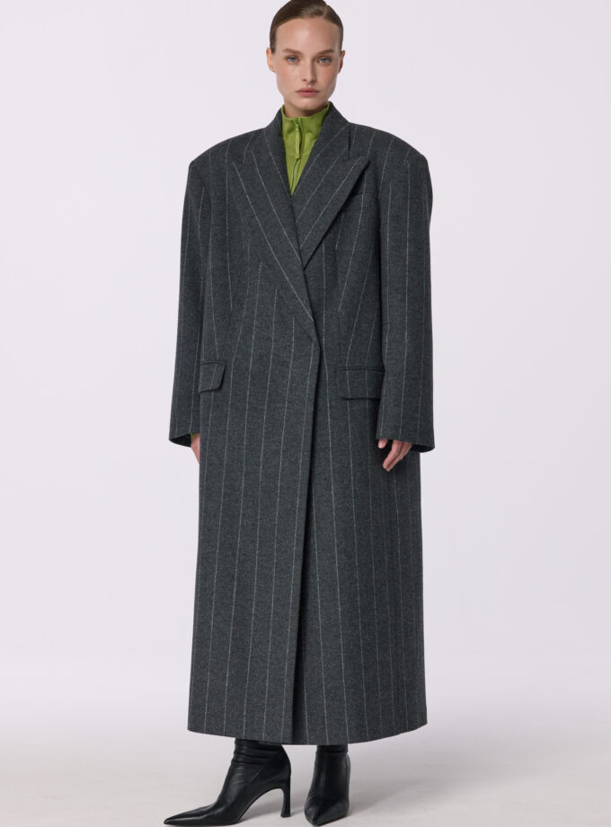 Пальто Bazhane оверсайз прямого крою з акцентним плечем сірий у смужку