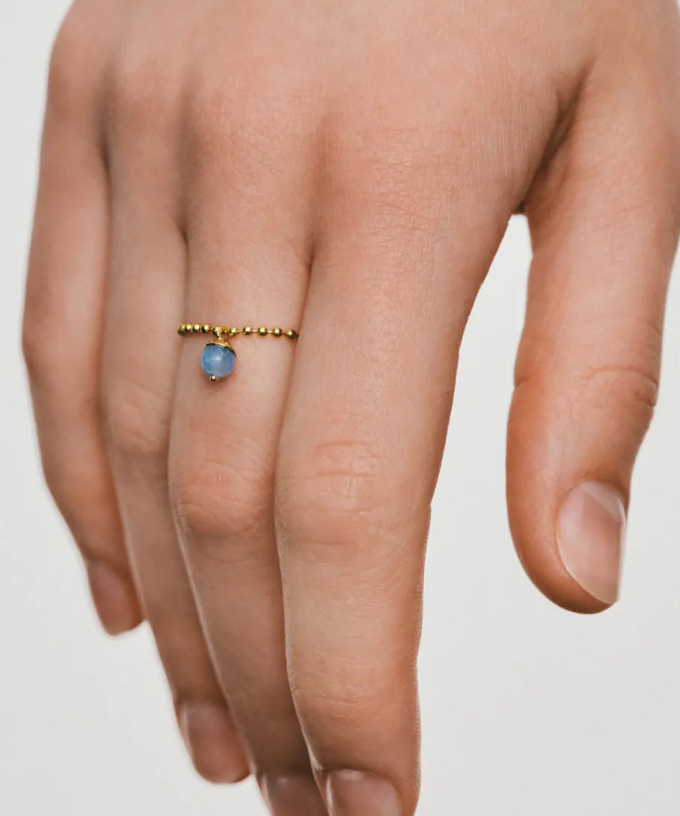 Каблучка з ланцюг - кульки 1,5мм з аквамариновою кулькою 4мм жовте золото (17)