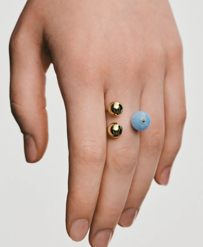 Каблучка на 2 золоті кульки 8мм та 1 аквамарин 10мм жовте золото (17,5) CBC 20