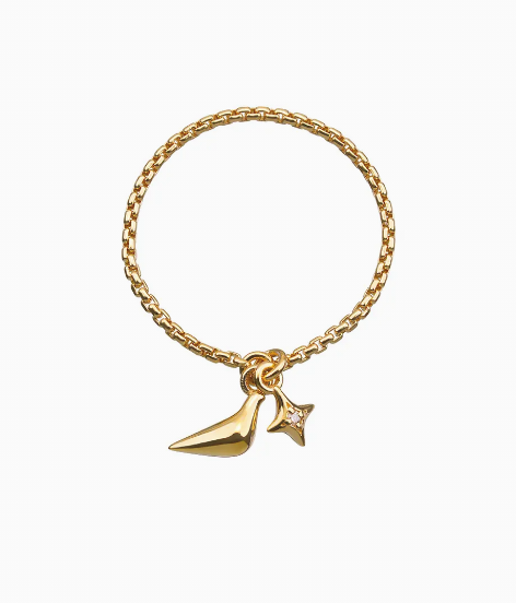 Каблучка-ланцюг голубка і зірка з діамантом жовте золото (16)