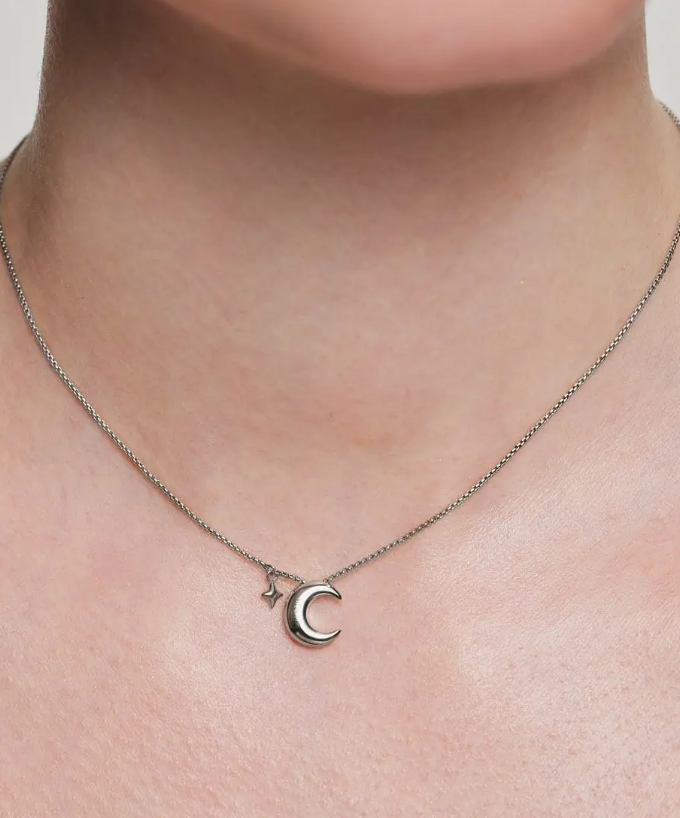 Кольє місяць на регульованому ланцюгу з маленькою зіркою біле золото