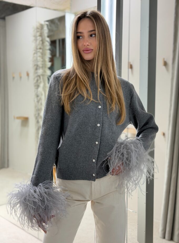 Кардиган Saint з пір'ям світло сірий 100% вовна