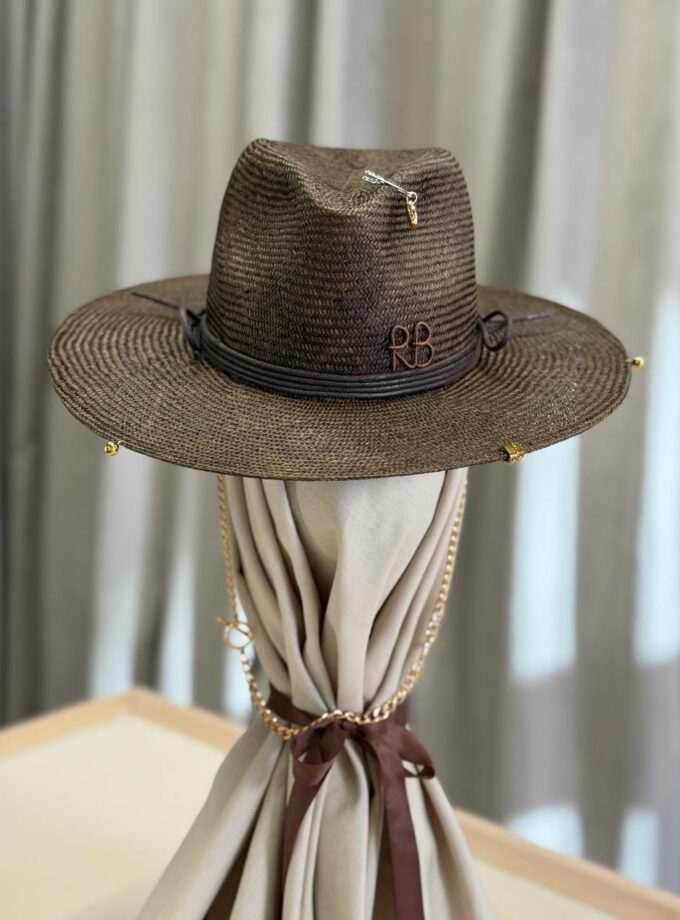 Капелюх RB Chain Strap Straw Fedora Hat коричневий