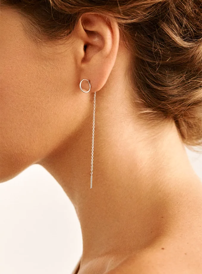 Сережки кільце та ланцюжок без застібки біле золото CG 15