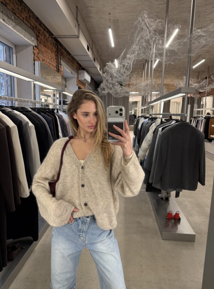 Кардиган Keenly Кід мохер V оверсайз вівсяний колір з додатковим гудзиком