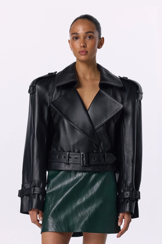 Куртка Bazhane шкіряна з підплічниками та поясом чорний