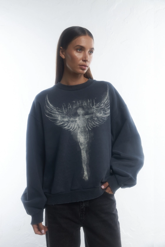 Світшот Bazhane оверсайз вінтаж з принтом "Янгол" графіт