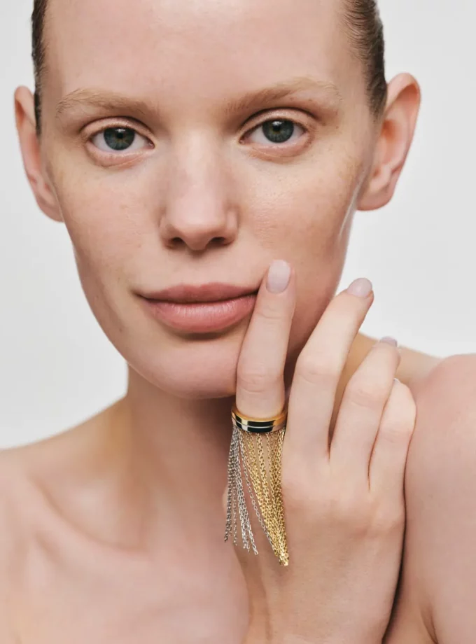 Каблучка з довгими ланцюжками біле та жовте золото (17) HB 13