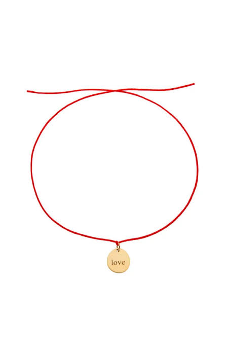 Браслет клюшка на червоній нитці з гравіюванням ''Love'' жовте золото NYP 02-03